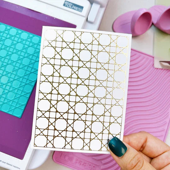 Catherine Pooler - Hot Foil Plate - Rattan. Add a gorgeous foiled pattern to your next card with the Rattan Hot Foil Plate! This woven cane pattern adds fine detail and can be cut and added to your card for a perfect background focal point. Available at Embellish Away located in Bowmanville Ontario Canada. Example by brand ambassador.