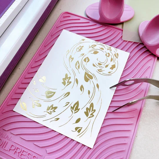 Catherine Pooler - Hot Foil Plate - Swirling Leaves. Add this gorgeous design of leaves swirling in the fall breeze to your card with a metallic twist! Available at Embellish Away located in Bowmanville Ontario Canada. Example by brand ambassador.