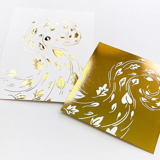 Catherine Pooler - Hot Foil Plate - Swirling Leaves. Add this gorgeous design of leaves swirling in the fall breeze to your card with a metallic twist! Available at Embellish Away located in Bowmanville Ontario Canada. Example by brand ambassador.