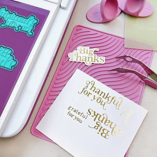 Catherine Pooler - Hot Foil Plates and Dies - Joyful Thanks. Take your sentiments up a notch by adding a metallic bling. This two-for product includes both the foiling plate sentiments and coordinating dies. Available at Embellish Away located in Bowmanville Ontario Canada. Example by brand ambassador.