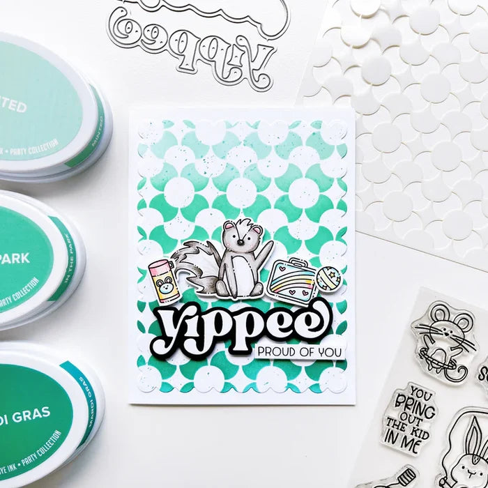 Catherine Pooler - Layered Word Dies - Yippee. Add excitement to your next creation with the Yippee Layered Word Die. This die comes with individual letters that can be used alone on or over the background layer for more color and interest. Available at Embellish Away located in Bowmanville Ontario Canada. Example by brand ambassador.