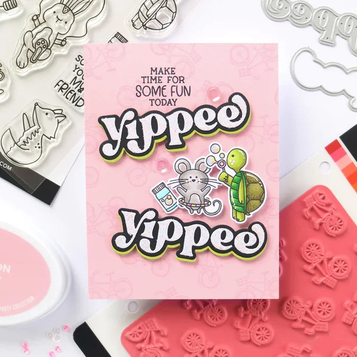Catherine Pooler - Layered Word Dies - Yippee. Add excitement to your next creation with the Yippee Layered Word Die. This die comes with individual letters that can be used alone on or over the background layer for more color and interest. Available at Embellish Away located in Bowmanville Ontario Canada. Example by brand ambassador.
