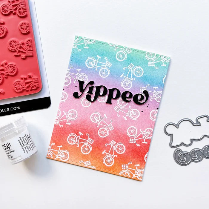 Catherine Pooler - Layered Word Dies - Yippee. Add excitement to your next creation with the Yippee Layered Word Die. This die comes with individual letters that can be used alone on or over the background layer for more color and interest. Available at Embellish Away located in Bowmanville Ontario Canada. Example by brand ambassador.