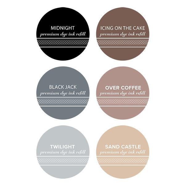 Catherine Pooler - Neutrals Ink Collection - Refills/Reinkers. The essential neutral ink colors that every crafter needs! Super deep, rich Black, Grey and Browns - the perfect shade of each. Midnight is the quintessential black and is an archival dye ink. Available at Embellish Away located Bowmanville Ontario Canada.