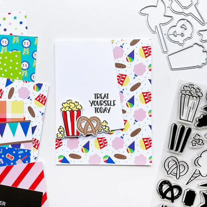 Catherine Pooler - Patterned Paper - Blue Ribbon. This pack of 6x6 paper features festive images from the fair like carousel horses and corn dogs and snow cones! Available at Embellish Away located in Bowmanville Ontario Canada. Example by brand ambassador.