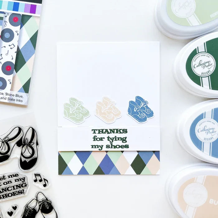 Catherine Pooler - Patterned Paper - Bobby Soxer. The Bobby Soxer Patterned Paper is inspired by life and music of the 1940's. Tweed, tiny flowers and argyle socks- this paper pack has fabric and textile inspired patterns and music inspired prints! Available at Embellish Away located in Bowmanville Ontario Canada. card by brand ambassador.