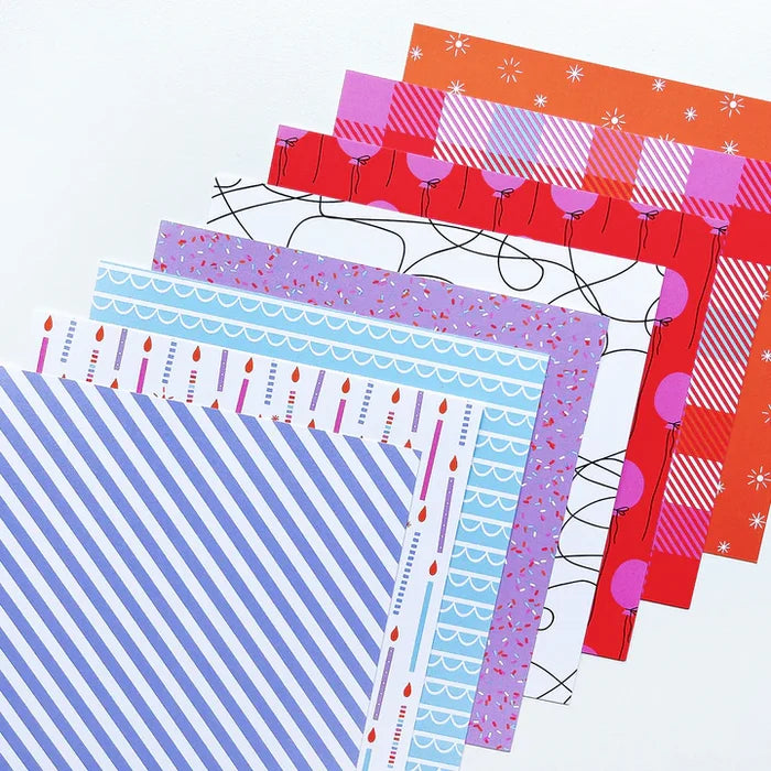 Catherine Pooler - Patterned Paper - Par-Tay Time. One look at this paper pack and you will know it is Par-Tay Time! This Patterned Paper if bright, bold and modern. It has you covered from the balloons and candles to the scalloped icing and sprinkles! Available at Embellish Away located in Bowmanville Ontario Canada.