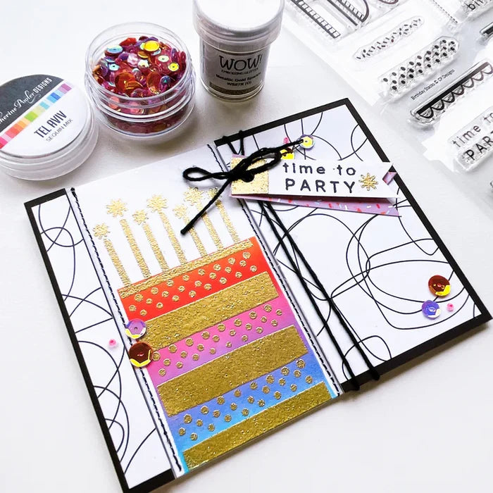 Catherine Pooler - Patterned Paper - Par-Tay Time. One look at this paper pack and you will know it is Par-Tay Time! This Patterned Paper if bright, bold and modern. It has you covered from the balloons and candles to the scalloped icing and sprinkles! Available at Embellish Away located in Bowmanville Ontario Canada. Example by brand ambassador.