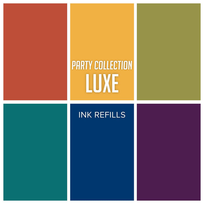 Catherine Pooler - Refills/Reinkers - Party Collection Luxe. Collection are crisp and opulent colors fit for the classiest paper crafting affairs. Cranberry Fizz, Deck The Halls, Flame, Glitz, Martini, Uptown, Dress Blues and Glam. Available at Embellish Away located in Bowmanville Ontario Canada.
