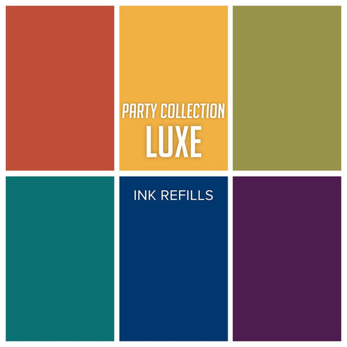 Catherine Pooler - Refills/Reinkers - Party Collection Luxe. Collection are crisp and opulent colors fit for the classiest paper crafting affairs. Cranberry Fizz, Deck The Halls, Flame, Glitz, Martini, Uptown, Dress Blues and Glam. Available at Embellish Away located in Bowmanville Ontario Canada.