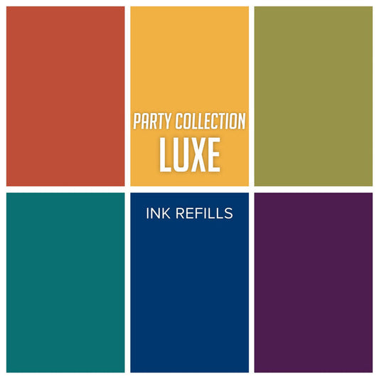 Catherine Pooler - Refills/Reinkers - Party Collection Luxe. Collection are crisp and opulent colors fit for the classiest paper crafting affairs. Cranberry Fizz, Deck The Halls, Flame, Glitz, Martini, Uptown, Dress Blues and Glam. Available at Embellish Away located in Bowmanville Ontario Canada.