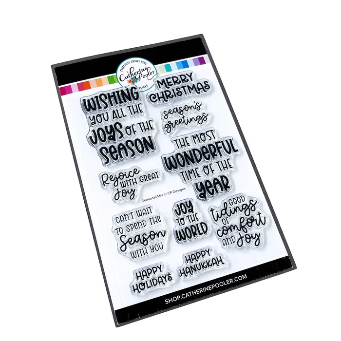 Catherine Pooler - Sentiments Stamp Set - Seasonal Mix. Get a mix of all the sentiments you need for this holiday season with the Seasonal Mix Sentiments Stamp Set! Available at Embellish Away located in Bowmanville Ontario Canada.