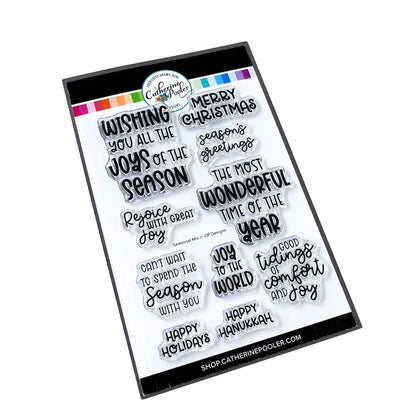 Catherine Pooler - Sentiments Stamp Set - Seasonal Mix. Get a mix of all the sentiments you need for this holiday season with the Seasonal Mix Sentiments Stamp Set! Available at Embellish Away located in Bowmanville Ontario Canada.