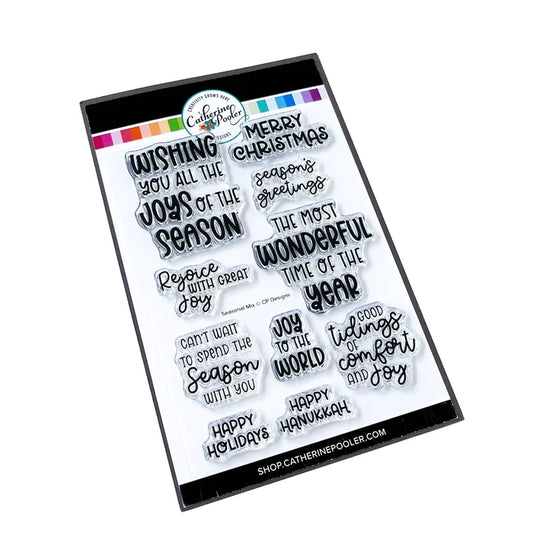 Catherine Pooler - Sentiments Stamp Set - Seasonal Mix. Get a mix of all the sentiments you need for this holiday season with the Seasonal Mix Sentiments Stamp Set! Available at Embellish Away located in Bowmanville Ontario Canada.