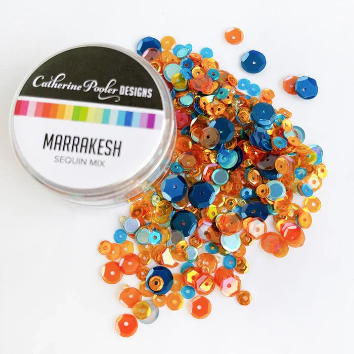 Catherine Pooler - Sequin Mix - Marrakesh. This sky and earth blend of blues and orange mirror the feel of the clay buildings, spices and colorful fabrics and textiles of this vibrant North African city. Available at Embellish Away located in Bowmanville Ontario Canada.