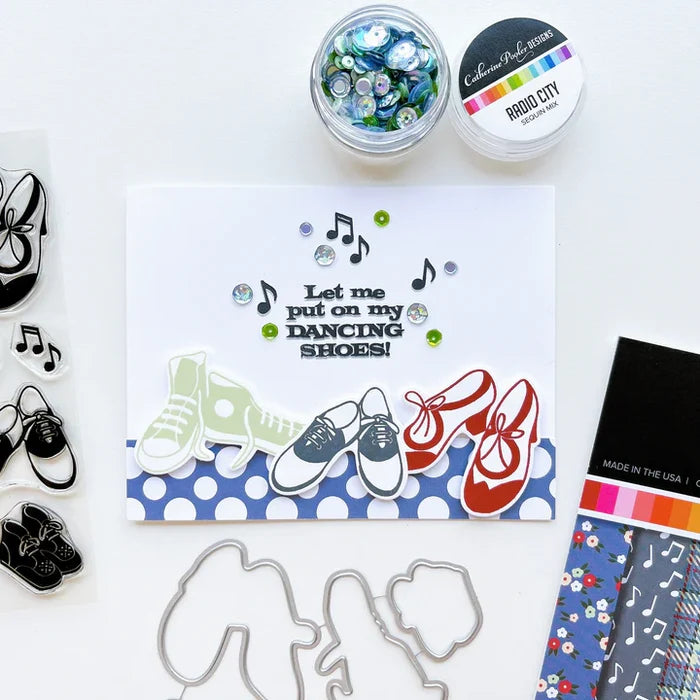 Catherine Pooler - Sequin Mix - Radio City. Approximately 1 Tablespoon mixture packaged in a clear screw top round container. Available at Embellish Away located in Bowmanville Ontario Canada. Card example by brand ambassador.