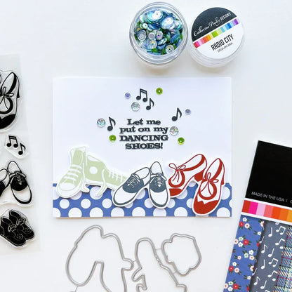 Catherine Pooler - Sequin Mix - Radio City. Approximately 1 Tablespoon mixture packaged in a clear screw top round container. Available at Embellish Away located in Bowmanville Ontario Canada. Card example by brand ambassador.
