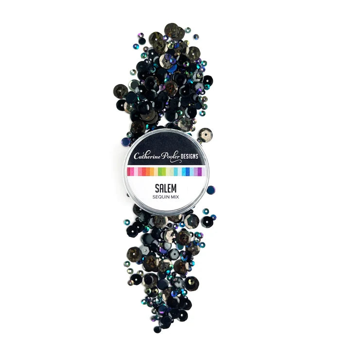 Catherine Pooler - Sequin Mix - Salem Sequin. When you need a class black sequin mix, grab this Salem Mix. Named for the Massachusetts town known for its eerie past, this mix brings the holographic sparkle and iridescent shine. Available at Embellish Away located in Bowmanville Ontario Canada.