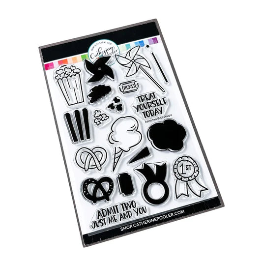 Catherine Pooler - Stamp & Die Set - Admit Two. The Admit Two Stamp Set and Dies features all the yummy fair classics like cotton candy and soft pretzels. It also has other festive elements like a pinwheel and the first place ribbon. Available at Embellish Away located in Bowmanville Ontario Canada.