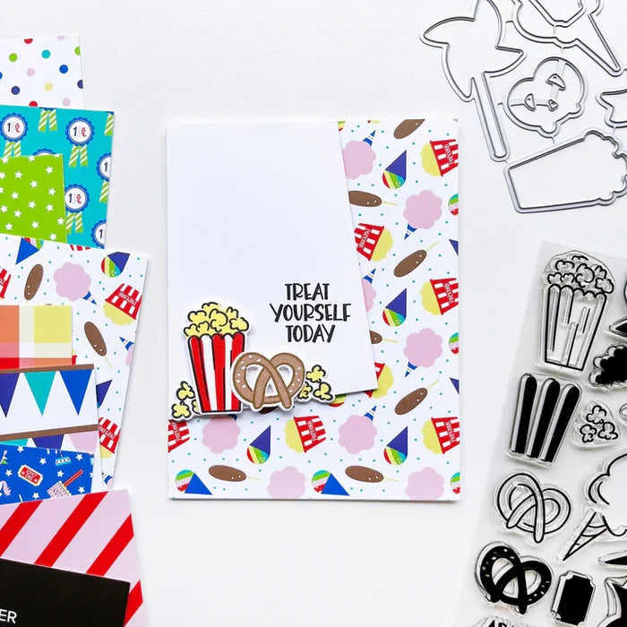 Catherine Pooler - Stamp & Die Set - Admit Two. The Admit Two Stamp Set and Dies features all the yummy fair classics like cotton candy and soft pretzels. It also has other festive elements like a pinwheel and the first place ribbon. Available at Embellish Away located in Bowmanville Ontario Canada. Example by brand ambassador.