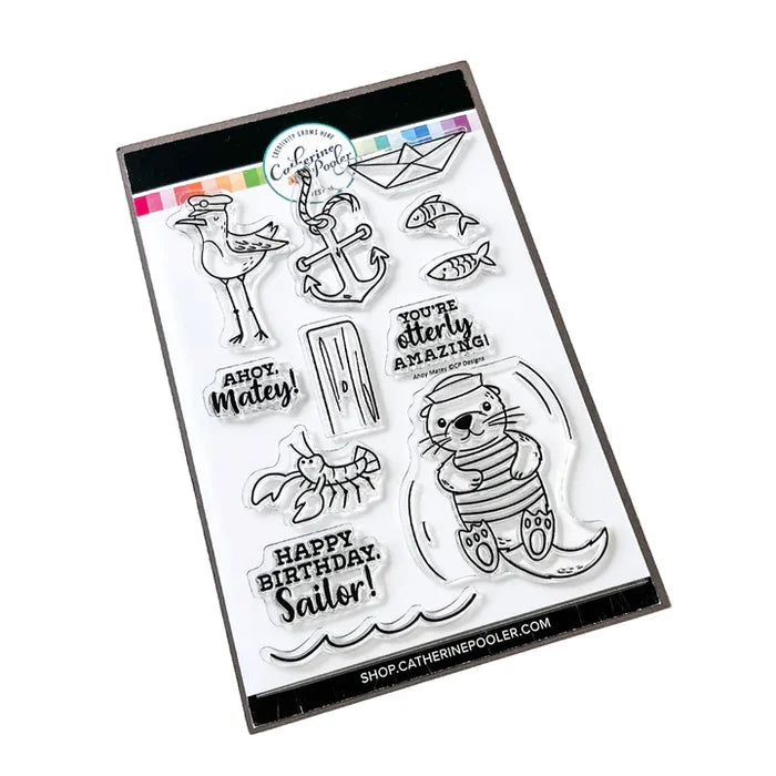 Catherine Pooler - Stamp & Die Set - Ahoy Matey. Get ready for a swashbuckling good time in your crafty space! The Ahoy Matey Stamp Set and its coordinating dies includes a cast of the cutest North East Coast fisherman you have ever seen! Available at Embellish Away located in Bowmanville Ontario Canada.