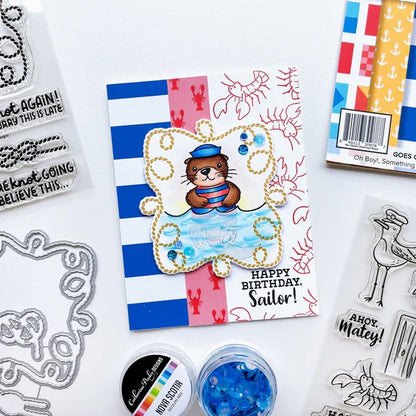 Catherine Pooler - Stamp & Die Set - Ahoy Matey. Get ready for a swashbuckling good time in your crafty space! The Ahoy Matey Stamp Set and its coordinating dies includes a cast of the cutest North East Coast fisherman you have ever seen! Available at Embellish Away located in Bowmanville Ontario Canada. Example by brand ambassador.
