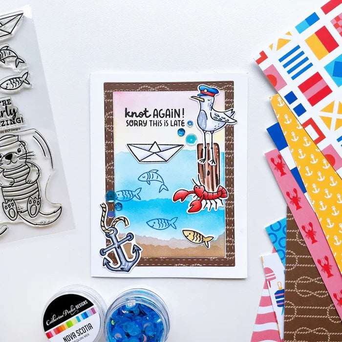 Catherine Pooler - Stamp & Die Set - Ahoy Matey. Get ready for a swashbuckling good time in your crafty space! The Ahoy Matey Stamp Set and its coordinating dies includes a cast of the cutest North East Coast fisherman you have ever seen! Available at Embellish Away located in Bowmanville Ontario Canada. Example by brand ambassador.