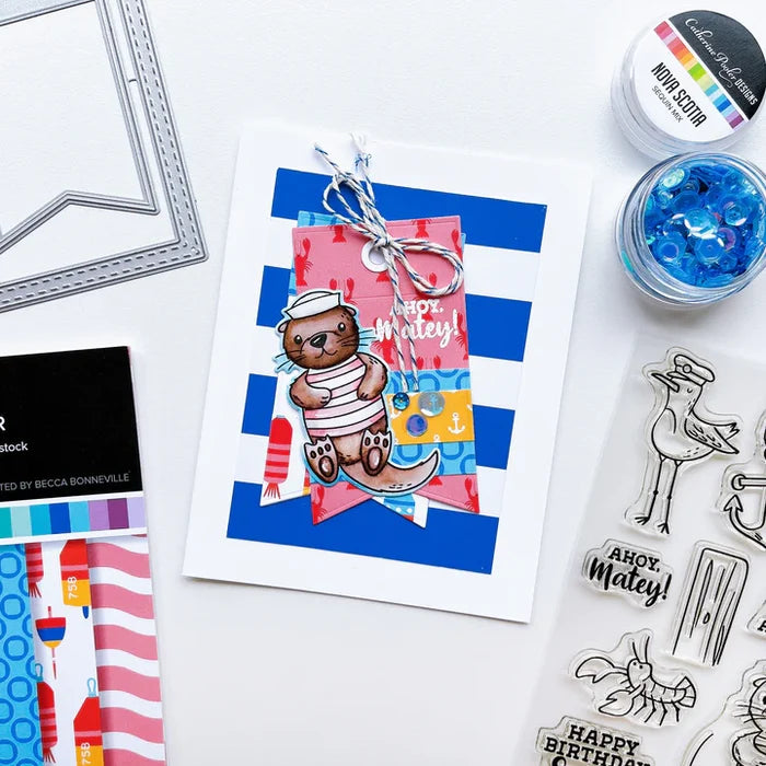 Catherine Pooler - Stamp & Die Set - Ahoy Matey. Get ready for a swashbuckling good time in your crafty space! The Ahoy Matey Stamp Set and its coordinating dies includes a cast of the cutest North East Coast fisherman you have ever seen! Available at Embellish Away located in Bowmanville Ontario Canada. Example by brand ambassador.