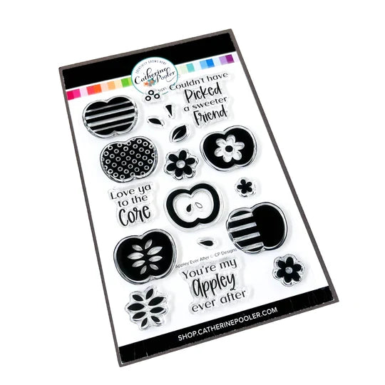 Catherine Pooler - Stamp & Die Set - Appley Ever After. An apple a day brings card making hoorays! The Appley Ever After Stamp & Die Set couldn't be any sweeter! This set features mod patterned apple stamps with all the extras! Available at Embellish Away located in Bowmanville Ontario Canada.