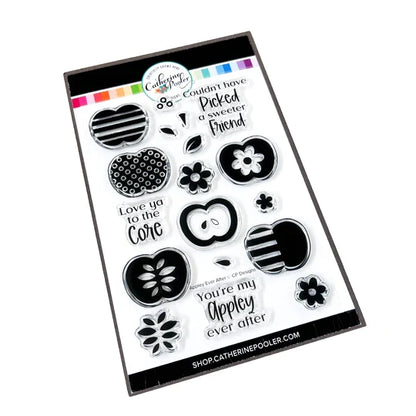 Catherine Pooler - Stamp & Die Set - Appley Ever After. An apple a day brings card making hoorays! The Appley Ever After Stamp & Die Set couldn't be any sweeter! This set features mod patterned apple stamps with all the extras! Available at Embellish Away located in Bowmanville Ontario Canada.
