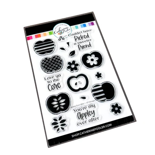 Catherine Pooler - Stamp & Die Set - Appley Ever After. An apple a day brings card making hoorays! The Appley Ever After Stamp & Die Set couldn't be any sweeter! This set features mod patterned apple stamps with all the extras! Available at Embellish Away located in Bowmanville Ontario Canada.