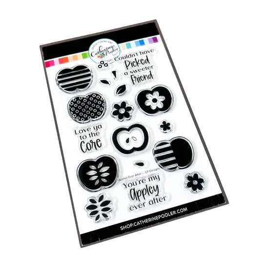 Catherine Pooler - Stamp & Die Set - Appley Ever After. An apple a day brings card making hoorays! The Appley Ever After Stamp & Die Set couldn't be any sweeter! This set features mod patterned apple stamps with all the extras! Available at Embellish Away located in Bowmanville Ontario Canada.
