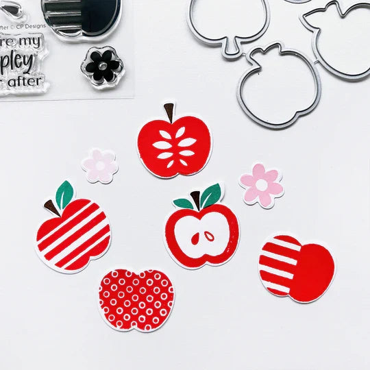 Catherine Pooler - Stamp & Die Set - Appley Ever After. An apple a day brings card making hoorays! The Appley Ever After Stamp & Die Set couldn't be any sweeter! This set features mod patterned apple stamps with all the extras! Available at Embellish Away located in Bowmanville Ontario Canada. Example by brand ambassador.