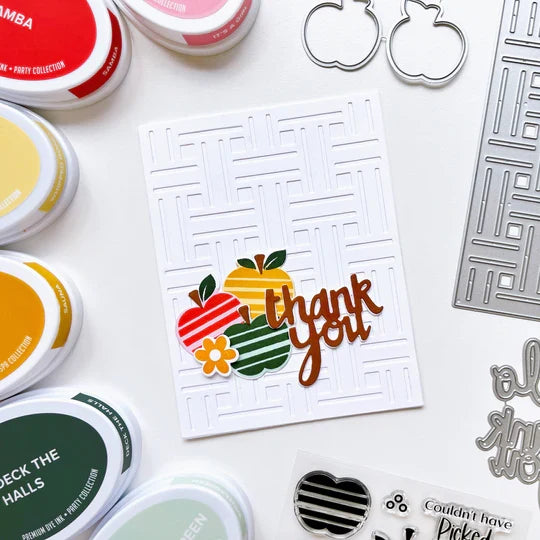 Catherine Pooler - Stamp & Die Set - Appley Ever After. An apple a day brings card making hoorays! The Appley Ever After Stamp & Die Set couldn't be any sweeter! This set features mod patterned apple stamps with all the extras! Available at Embellish Away located in Bowmanville Ontario Canada. Example by brand ambassador.