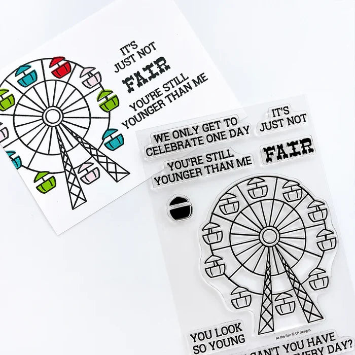 Catherine Pooler - Stamp & Die Set - At the Fair. The icon of the fair coming to town is the Ferris Wheel. The At the Fair Stamp Set and coordinating dies features a Ferris Wheel stamp with a fill in for each car. Available at Embellish Away located in Bowmanville Ontario Canada.