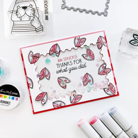 Catherine Pooler - Stamp & Die Set - Aw Shucks. Meet the cutest fisherman on the seas! The Aw Shucks Stamp & Die Set features a line art walrus that coordinates with the Ahoy Matey Stamp Set. Available at Embellish Away located in Bowmanville Ontario Canada. Example by brand ambassador.
