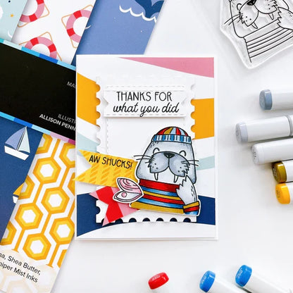 Catherine Pooler - Stamp & Die Set - Aw Shucks. Meet the cutest fisherman on the seas! The Aw Shucks Stamp & Die Set features a line art walrus that coordinates with the Ahoy Matey Stamp Set. Available at Embellish Away located in Bowmanville Ontario Canada. Example by brand ambassador.