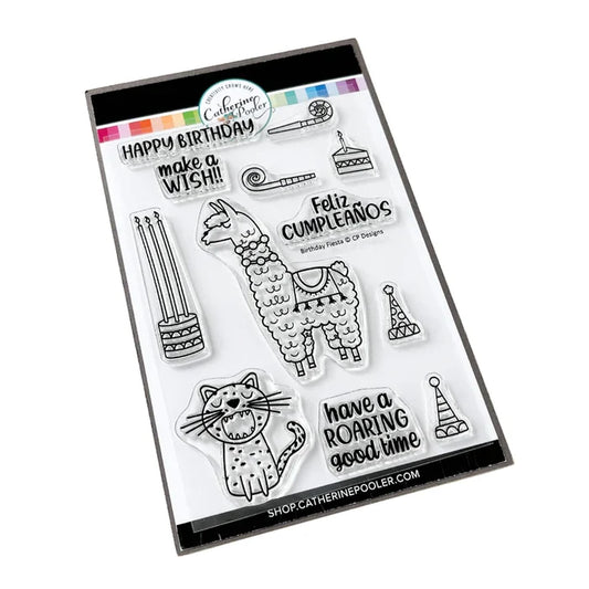 Catherine Pooler - Stamp & Die Set - Birthday Fiesta. Feliz Cumpleaños! It's a Birthday Fiesta and the llama and Jaguar are ready to party! These Peruvian friends can blow out the candles and chop down on some cake. Available at Embellish Away located in Bowmanville Ontario Canada.