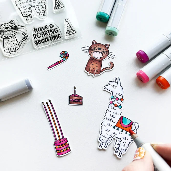 Catherine Pooler - Stamp & Die Set - Birthday Fiesta. Feliz Cumpleaños! It's a Birthday Fiesta and the llama and Jaguar are ready to party! These Peruvian friends can blow out the candles and chop down on some cake. Available at Embellish Away located in Bowmanville Ontario Canada.