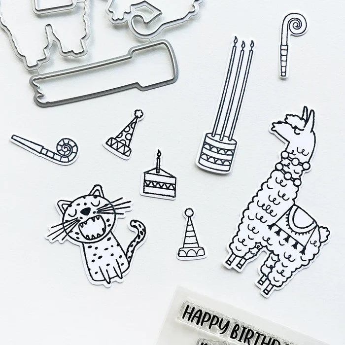 Catherine Pooler - Stamp & Die Set - Birthday Fiesta. Feliz Cumpleaños! It's a Birthday Fiesta and the llama and Jaguar are ready to party! These Peruvian friends can blow out the candles and chop down on some cake. Available at Embellish Away located in Bowmanville Ontario Canada.