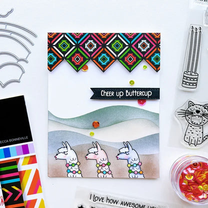 Catherine Pooler - Stamp & Die Set - Birthday Fiesta. Feliz Cumpleaños! It's a Birthday Fiesta and the llama and Jaguar are ready to party! These Peruvian friends can blow out the candles and chop down on some cake. Available at Embellish Away located in Bowmanville Ontario Canada. Example by brand ambassador.