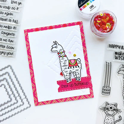 Catherine Pooler - Stamp & Die Set - Birthday Fiesta. Feliz Cumpleaños! It's a Birthday Fiesta and the llama and Jaguar are ready to party! These Peruvian friends can blow out the candles and chop down on some cake. Available at Embellish Away located in Bowmanville Ontario Canada. Example by brand ambassador.