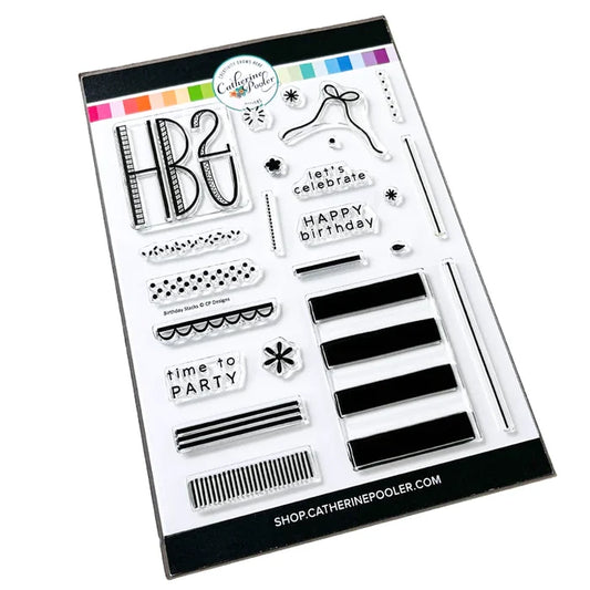 Catherine Pooler - Stamp & Die Set - Birthday Stacks. No birthday is complete without the stacks of cake and presents! The Birthday Stacks 6x8 Set will allow you to stamp and decorate your own cakes or wrapped gifts with its layered design. Available at Embellish Away located in Bowmanville Ontario Canada.