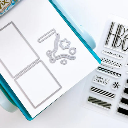 Catherine Pooler - Stamp & Die Set - Birthday Stacks. No birthday is complete without the stacks of cake and presents! The Birthday Stacks 6x8 Set will allow you to stamp and decorate your own cakes or wrapped gifts with its layered design. Available at Embellish Away located in Bowmanville Ontario Canada.