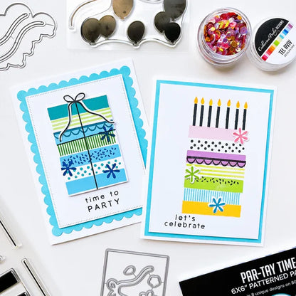 Catherine Pooler - Stamp & Die Set - Birthday Stacks. No birthday is complete without the stacks of cake and presents! The Birthday Stacks 6x8 Set will allow you to stamp and decorate your own cakes or wrapped gifts with its layered design. Available at Embellish Away located in Bowmanville Ontario Canada. Example by brand ambassador.