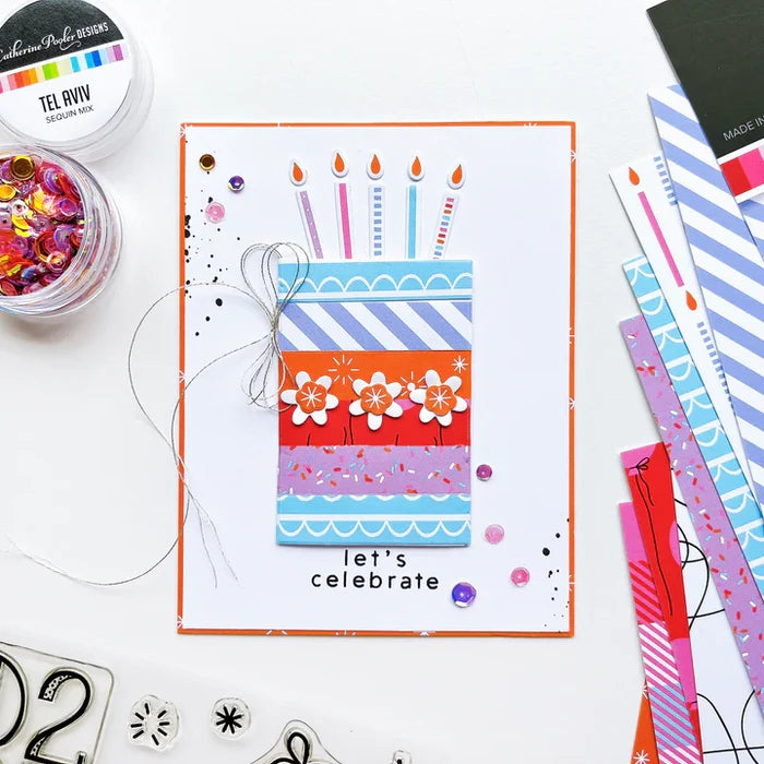 Catherine Pooler - Stamp & Die Set - Birthday Stacks. No birthday is complete without the stacks of cake and presents! The Birthday Stacks 6x8 Set will allow you to stamp and decorate your own cakes or wrapped gifts with its layered design. Available at Embellish Away located in Bowmanville Ontario Canada. Example by brand ambassador.