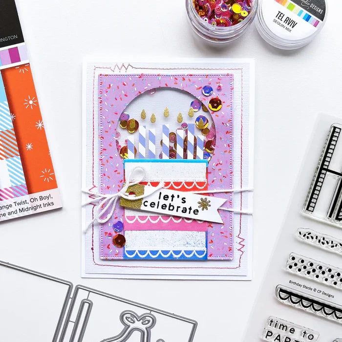 Catherine Pooler - Stamp & Die Set - Birthday Stacks. No birthday is complete without the stacks of cake and presents! The Birthday Stacks 6x8 Set will allow you to stamp and decorate your own cakes or wrapped gifts with its layered design. Available at Embellish Away located in Bowmanville Ontario Canada. Example by brand ambassador.