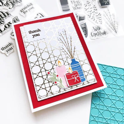 Catherine Pooler - Stamp & Die Set - Bless This House. Create a card inspired by the latest fall themed home decor trends with this Set. This set features warm and cozy fireside decor images like candles, a vase and basket of wood. Available at Embellish Away located in Bowmanville Ontario Canada. Example by brand ambassador.