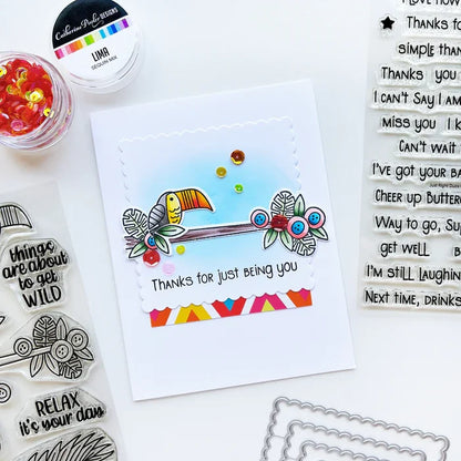 Catherine Pooler - Stamp & Die Set - Jungle Amigos. Send a jungle greeting to your friend and let them know "things are about to get wild"! The Jungle Amigos Set features a happy sloth and his toucan friend who are ready to hang out on your next card. Available at Embellish Away located in Bowmanville Ontario Canada. Example by brand ambassador.
