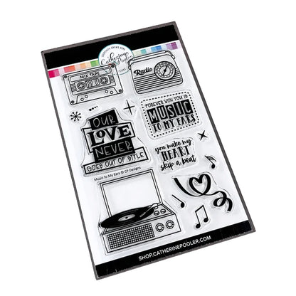 Catherine Pooler - Stamp & Die Set - Music to My Ears. Music to My Ears Stamp Set and the coordinating Dies is an adorable line-art stamp set featuring these images and retro illustrated sentiments. Available at Embellish Away located in Bowmanville Ontario Canada.